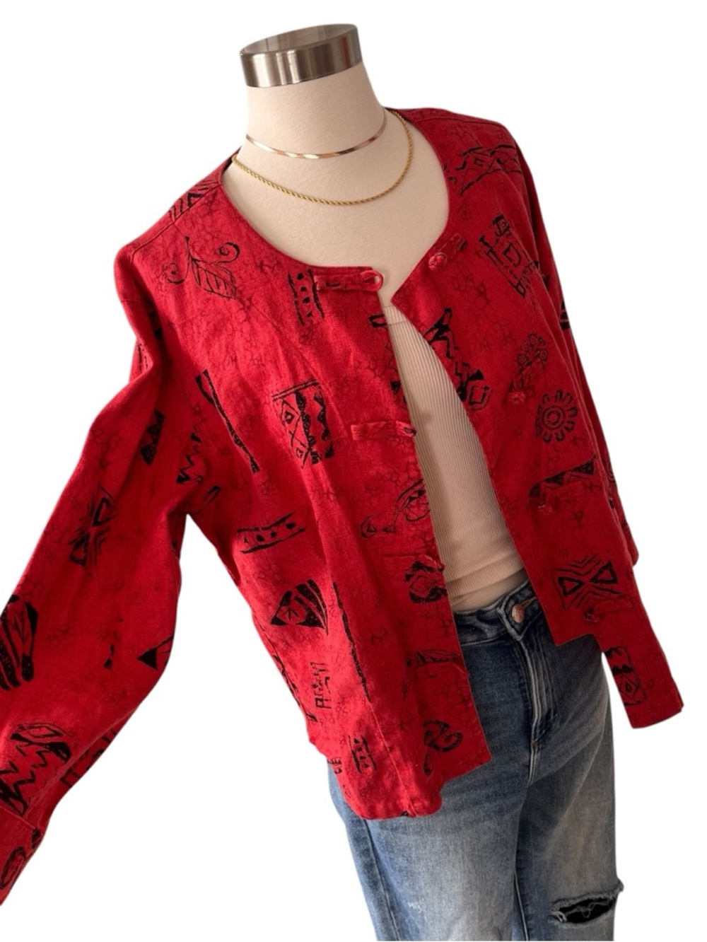 Vintage 90's Chico’s 100% linen abstract button up top coral red